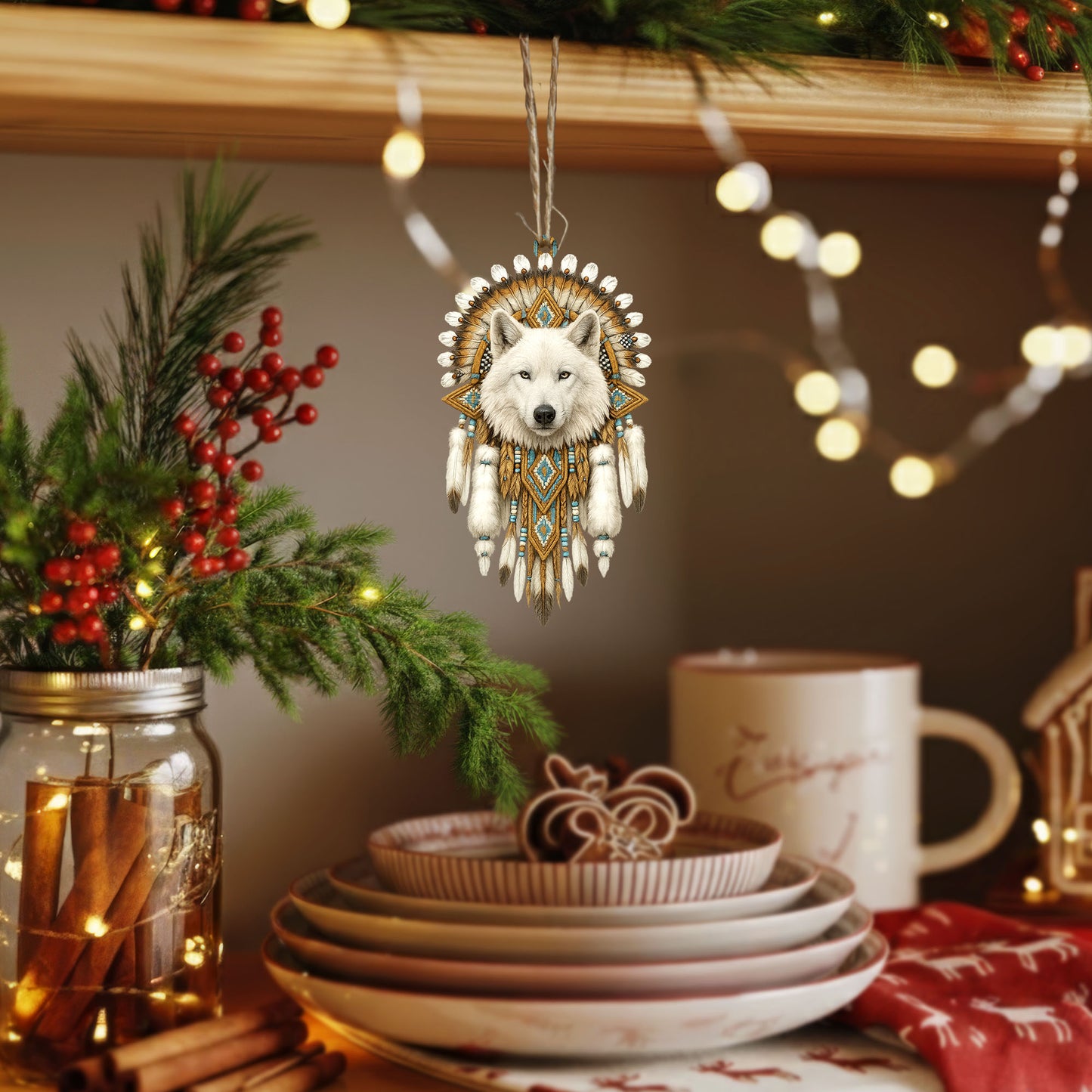 White Wolf Dreamcatcher- Indigenous Inspired - Unique Christmas Gift Decor Flat Acrylic