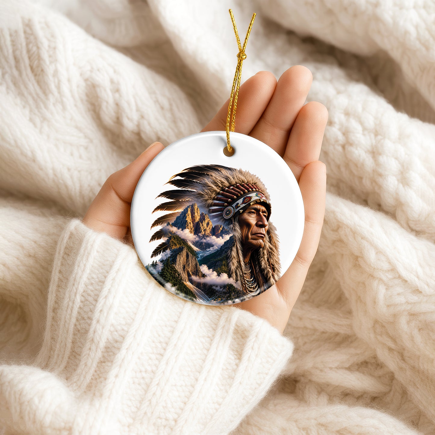 Native American Mountain Warrior Christmas Ornament – Indigenous Spirit Ceramic Holiday Hanging Decor
