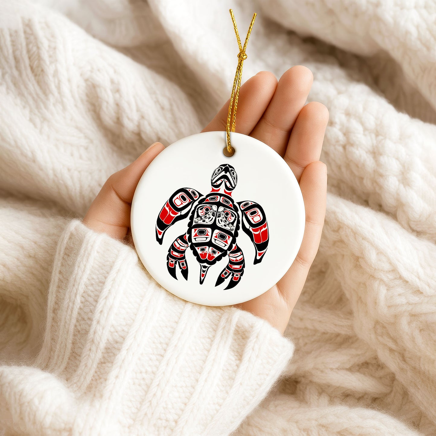 Native Turtle Ceramic Ornament - Indigenous Tribal Art for Holiday Decor