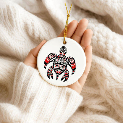 Native Turtle Ceramic Ornament - Indigenous Tribal Art for Holiday Decor