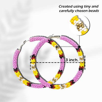 Handmade 3-Inch Hoop Round Pattern Beaded Earrings for Women