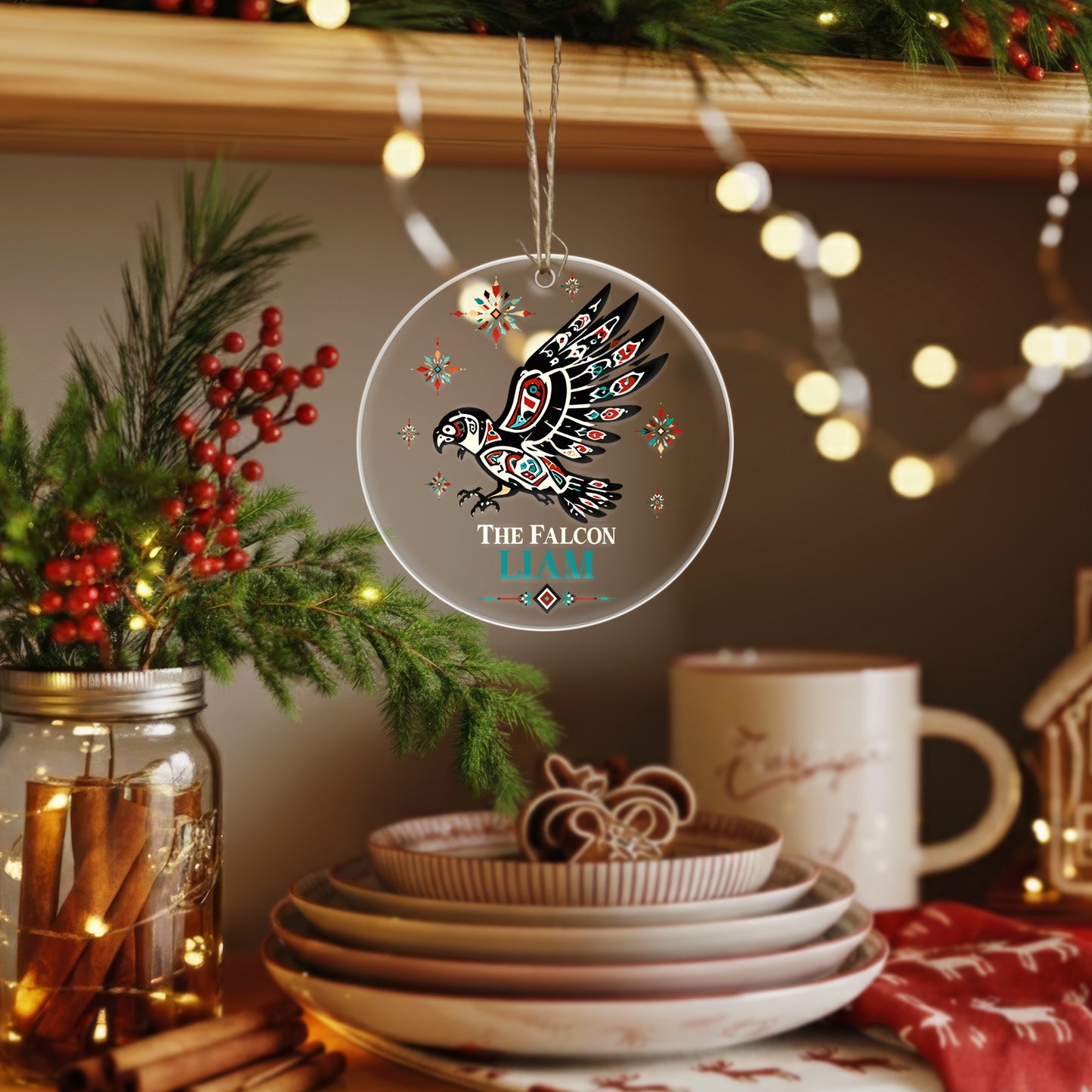 Personalized Falcon Acrylic Ornament, Indigenous Inspired Bird Art, Custom Name Gift