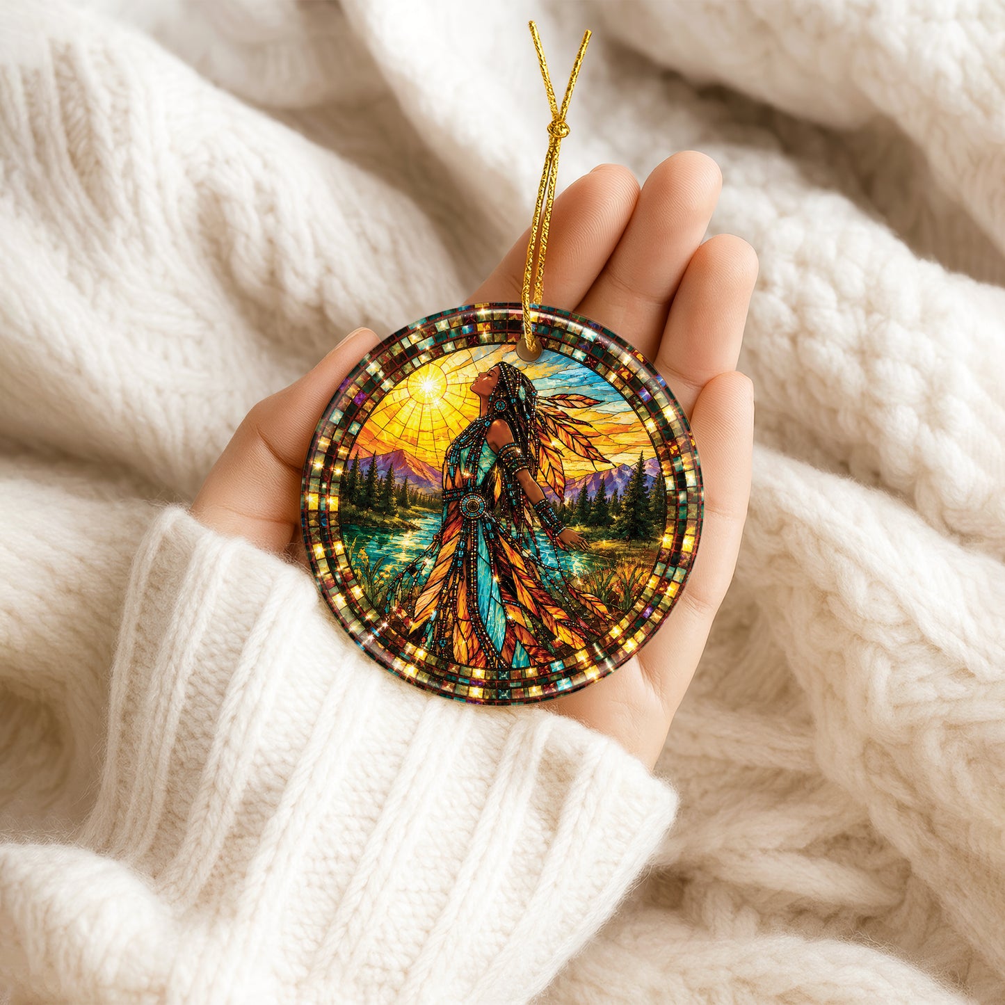 Native American Woman Ceramic Ornament - Feather Stained Glass Design