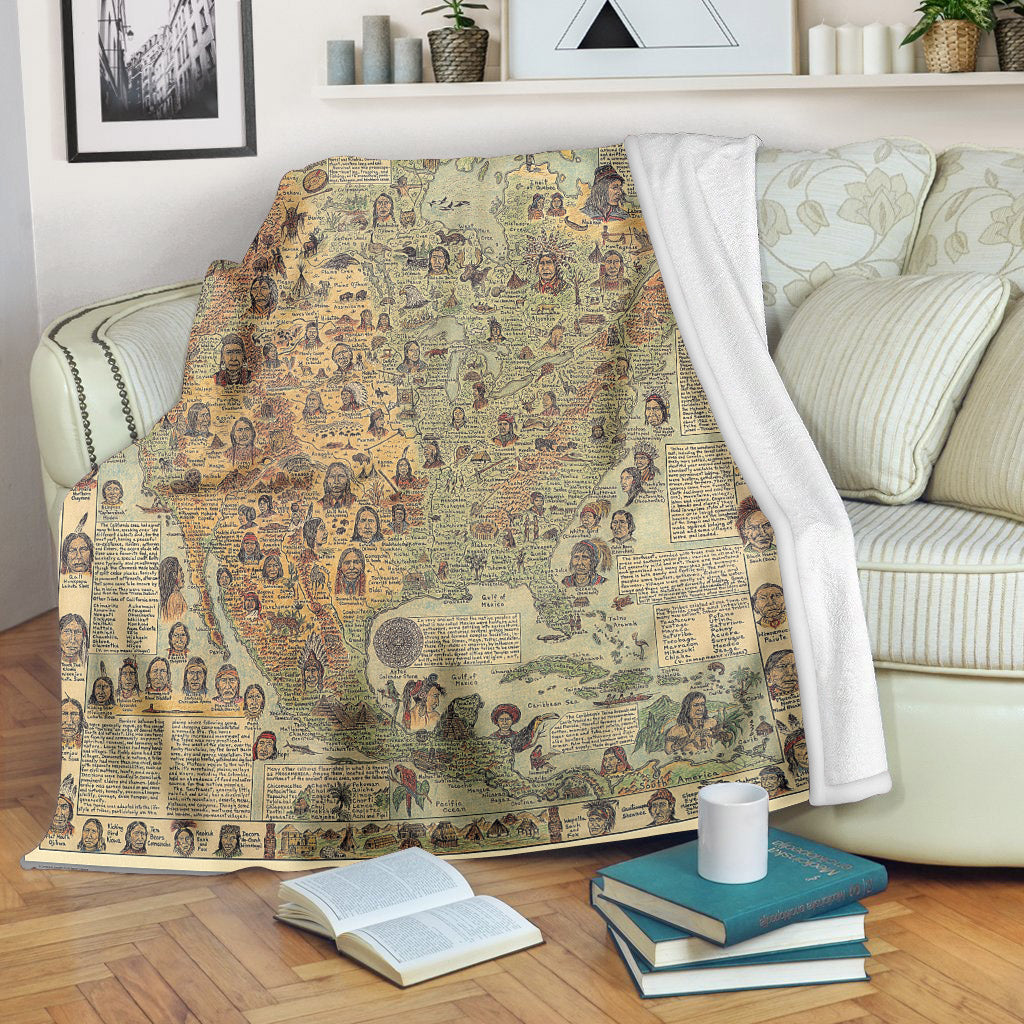 562 Native Tribes of North America Map Fleece Blanket, Native Design Camping Blanket Soft and Warm