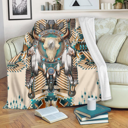 Native American Buffalo Head Motifs Fleece Blanket, Turiquoise Native Indian Pattern Feather Fleece Blanket