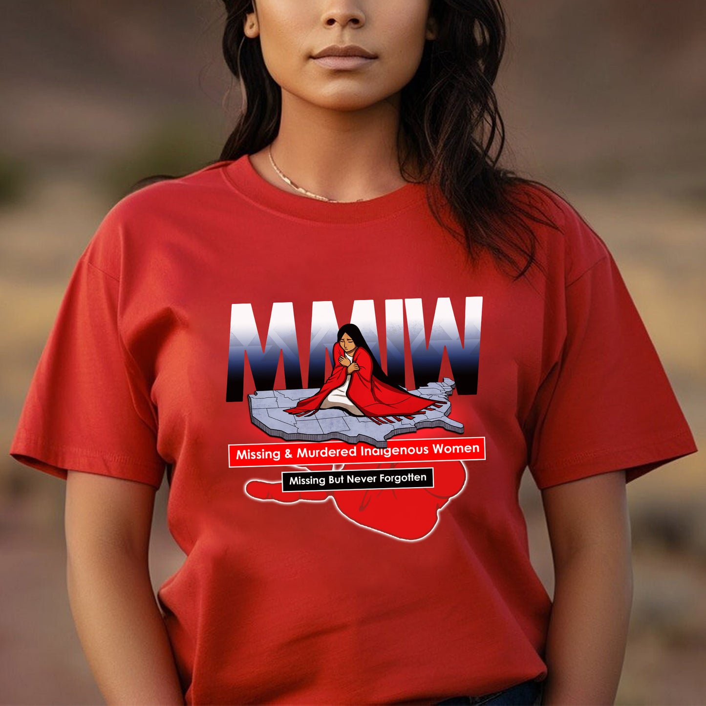 a woman wearing a red t - shirt with a picture of a woman on it