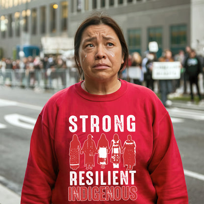 a woman in a red shirt is standing on the street