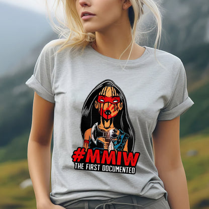 a woman wearing a t - shirt with a picture of a woman holding a gun