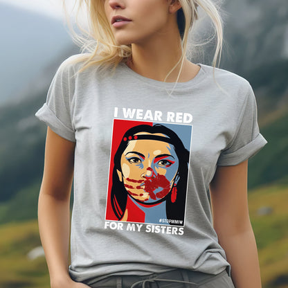 a woman wearing a t - shirt that says i wear red for my sisters