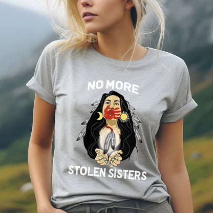 a woman wearing a t - shirt that says no more stolen sisters