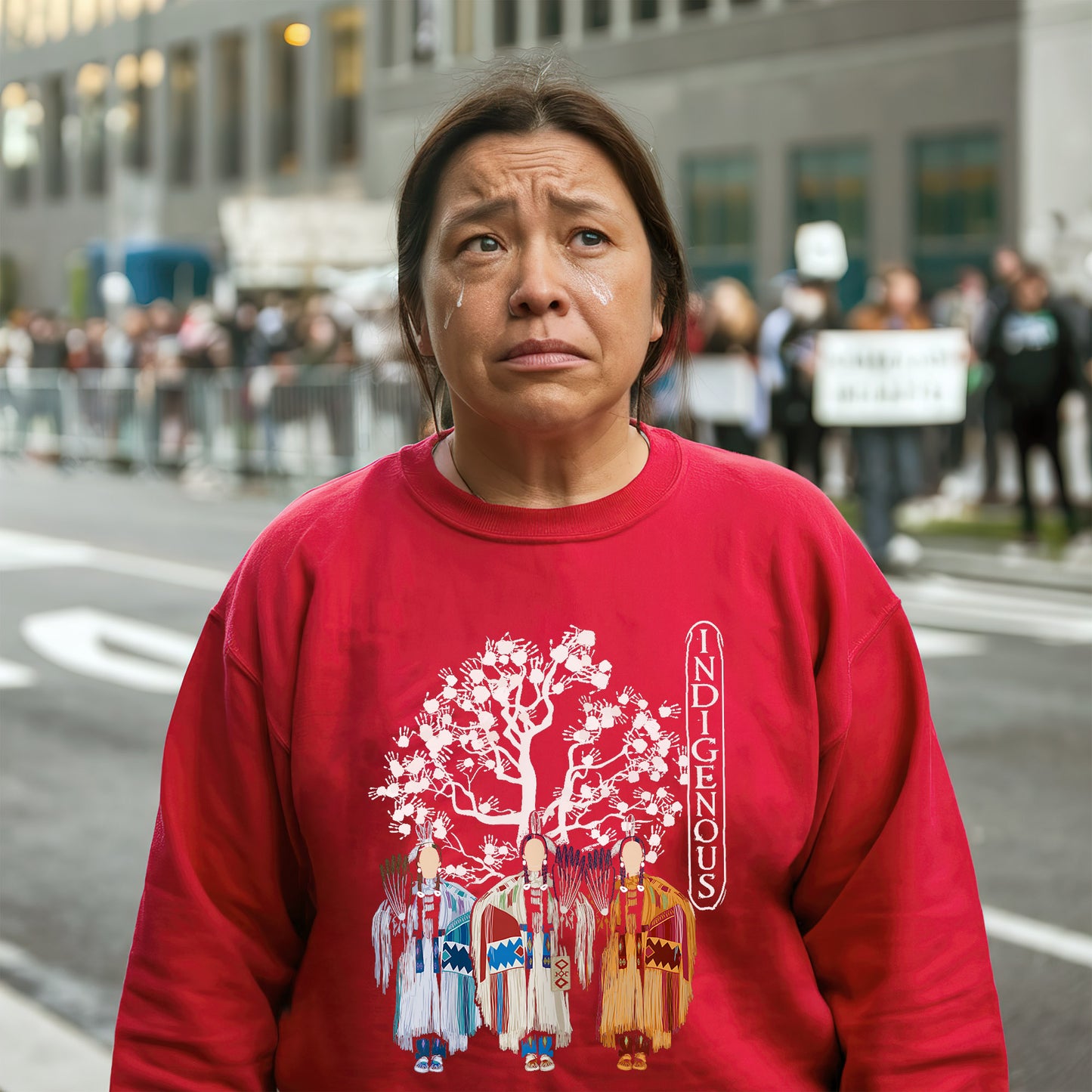 a woman in a red shirt is standing on the street