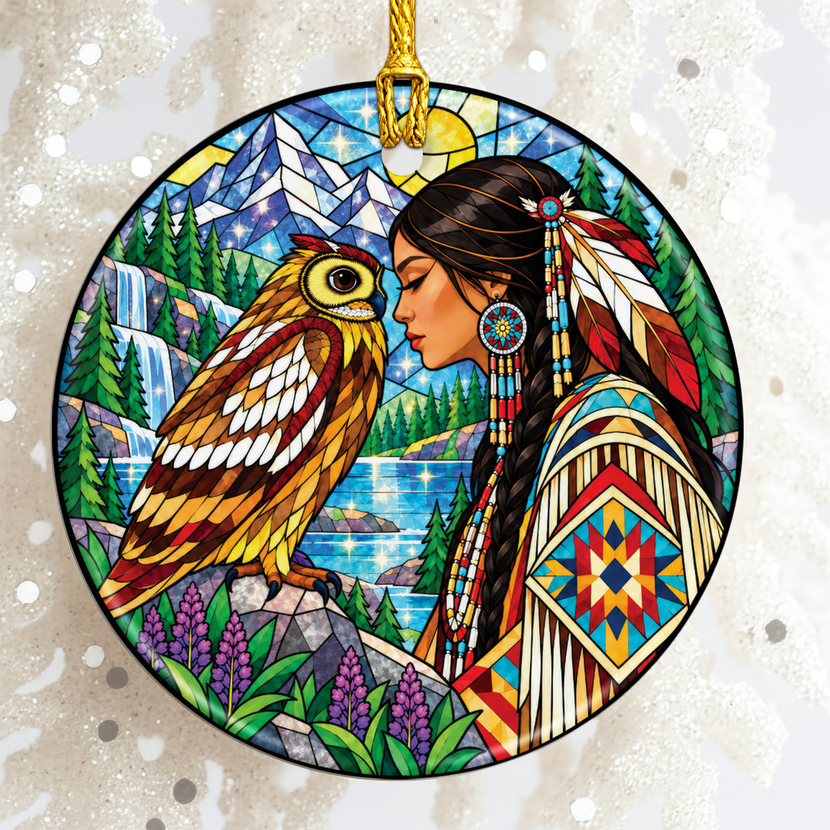 Owl And Woman Stained Glass Ceramic Christmas Ornament Holiday Decor