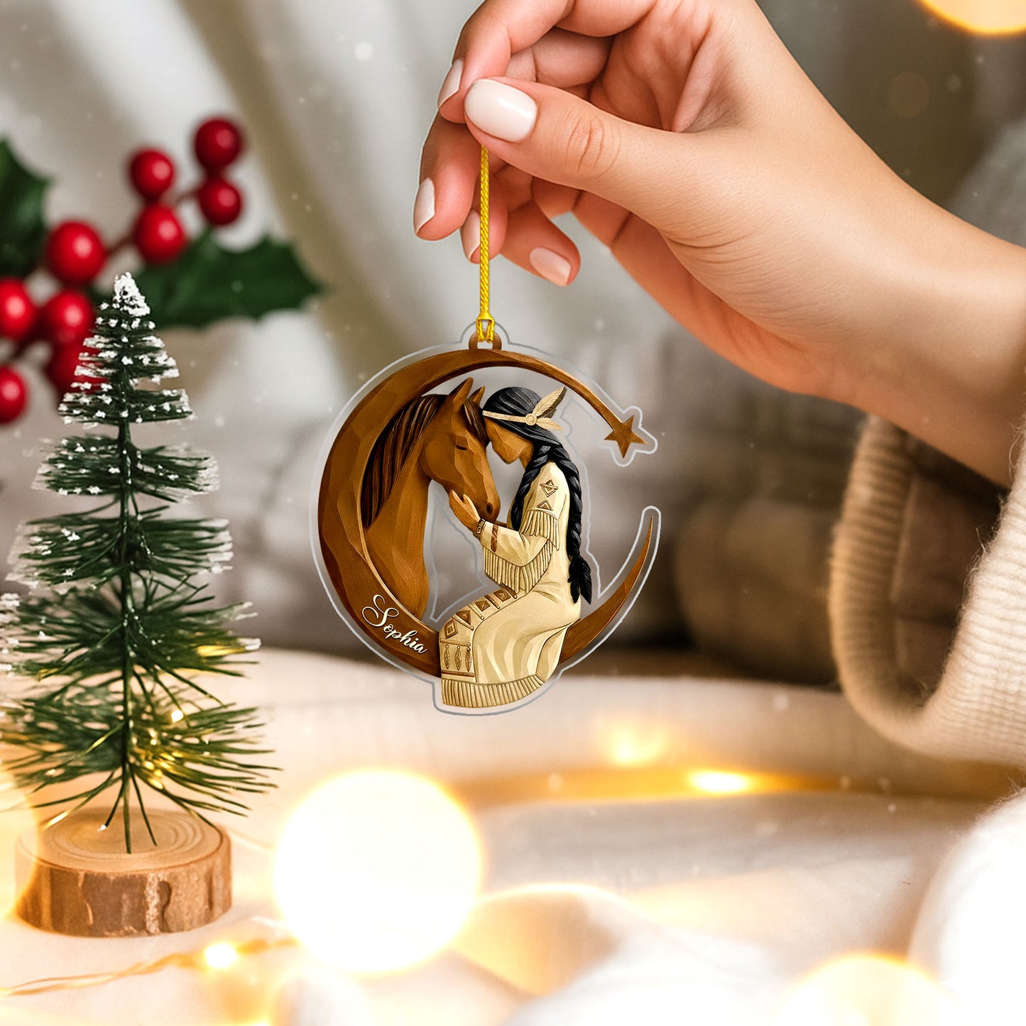 Native American Christmas - Horse and Maiden - Custom Name Design - Ornament Acrylic