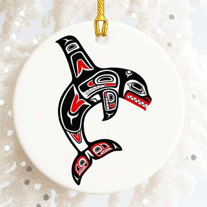 Tribal Orca Whale Ceramic Ornament - Unique Native Art for Holiday Decor