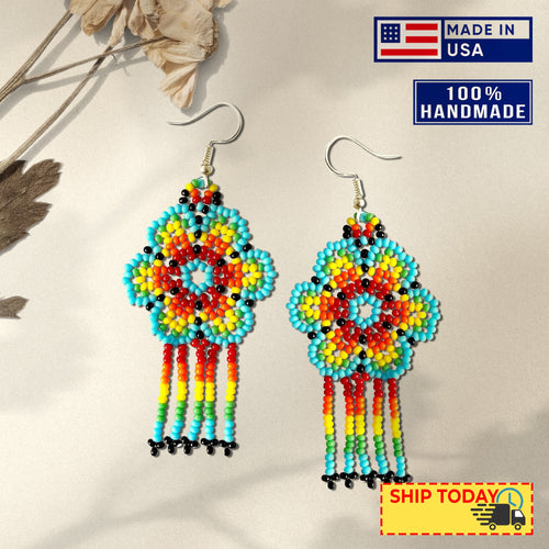 Ethnic Flower Turquoise Chandelier Beaded Handmade Earrings For Women