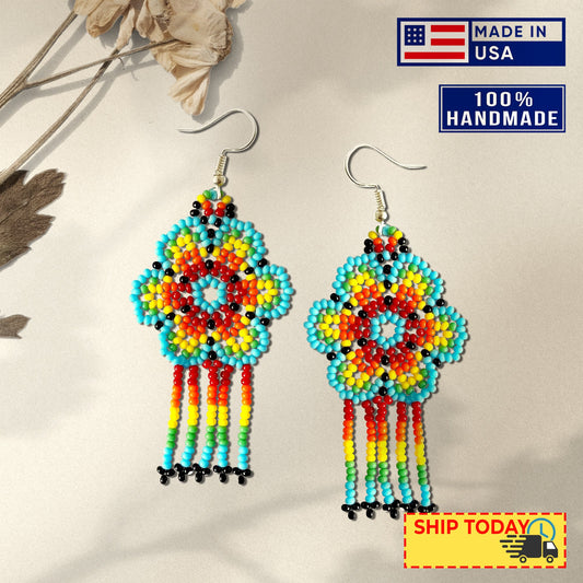 Ethnic Flower Turquoise Chandelier Beaded Handmade Earrings For Women