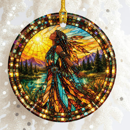 Native American Woman Ceramic Ornament - Feather Stained Glass Design