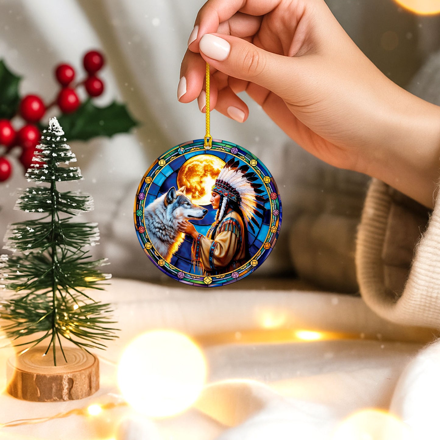 Native American Woman and Wolf Full Moon Christmas Tree Decor Flat Acrylic