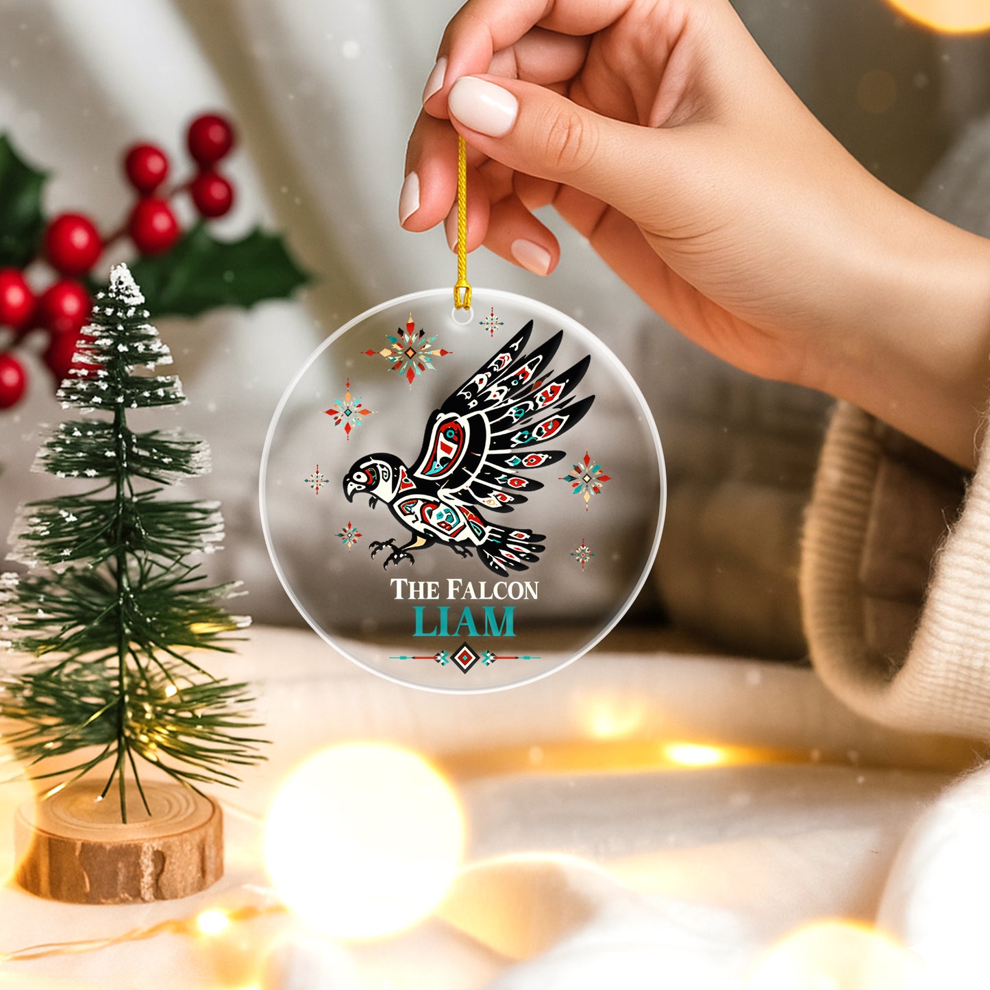 Personalized Falcon Acrylic Ornament, Indigenous Inspired Bird Art, Custom Name Gift