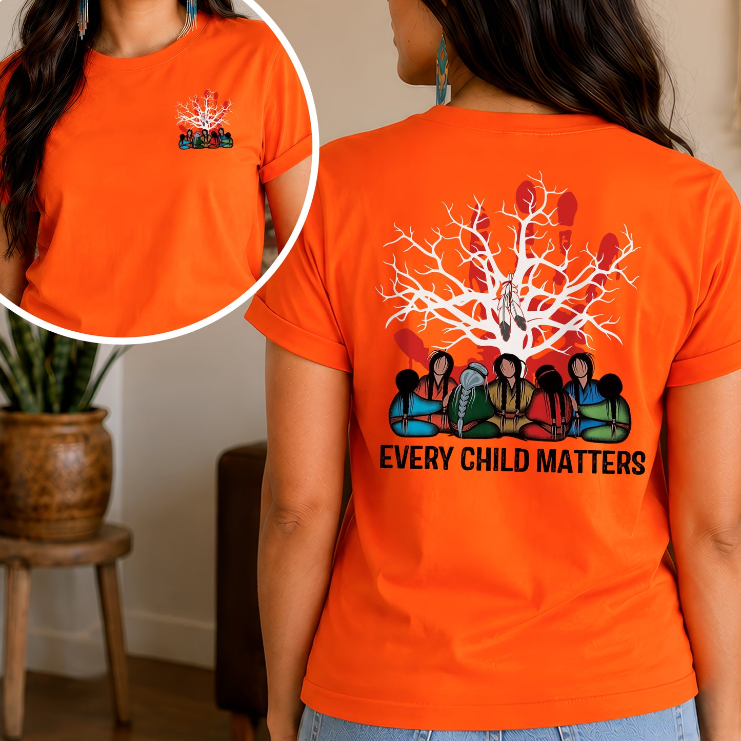 Every Child Matters Indigenous Roots Red Hand Design For Orange Shirt Day - Two sides - Unisex T-shirt/V-neck T-shirt/Hoodie/Sweatshirt
