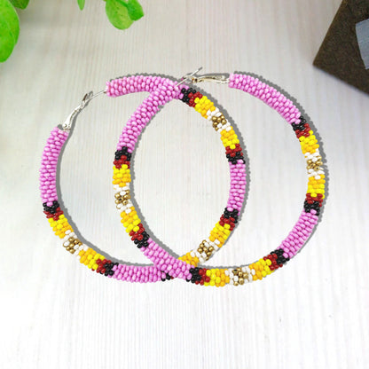 Handmade 3-Inch Hoop Round Pattern Beaded Earrings for Women