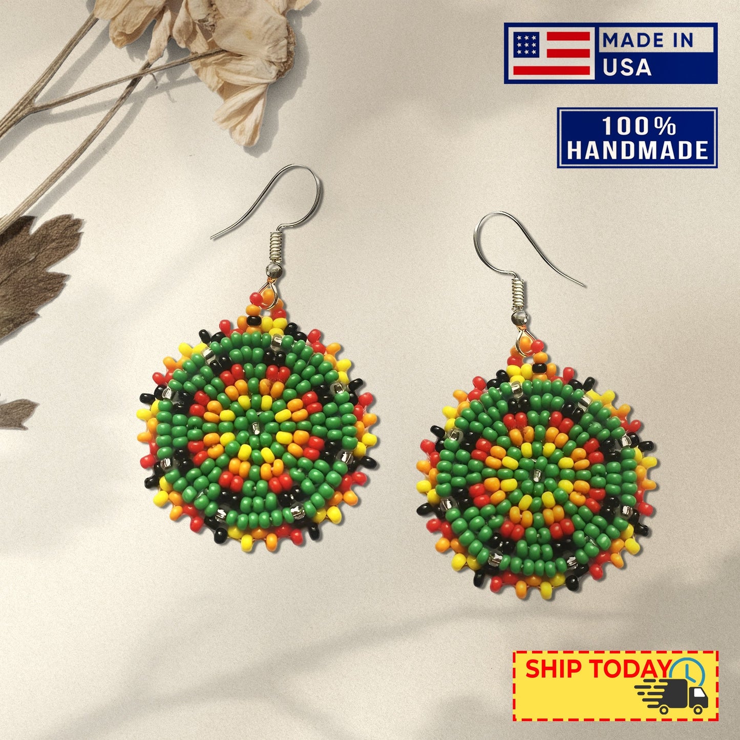 Cute Round Green Beaded Handmade Earrings For Women