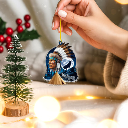 Native American Chief & Wolves Under Full Moon - Tribal Christmas Tree Decor Flat Acrylic