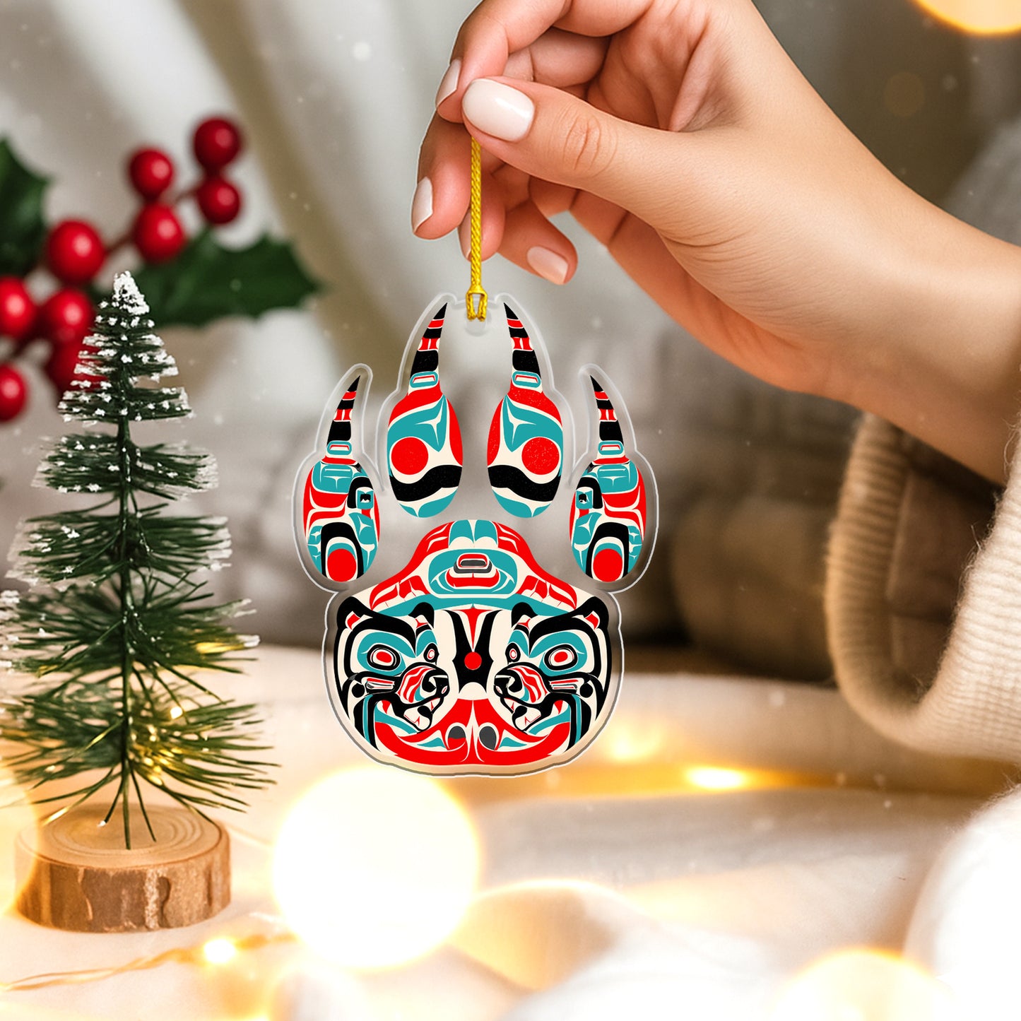 Bear Spirit Acrylic Ornament, Indigenous Inspired Animal Art Unique Holiday Decoration