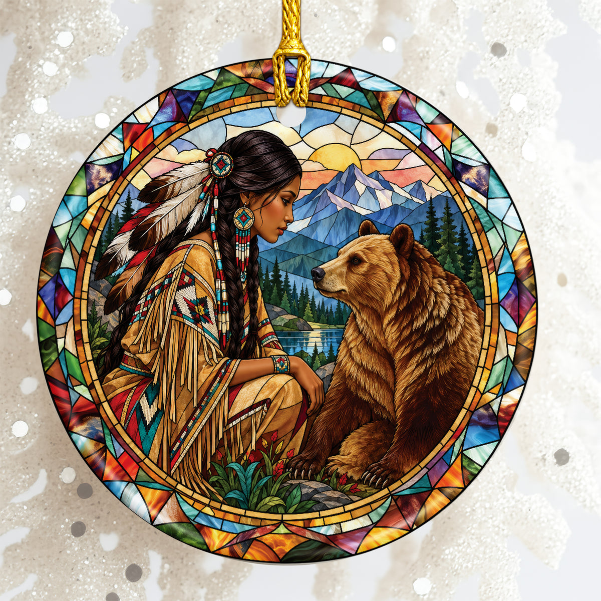 Bear And Woman Stained Glass Ceramic Christmas Ornament Holiday Decor