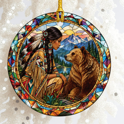 Bear And Woman Stained Glass Ceramic Christmas Ornament Holiday Decor