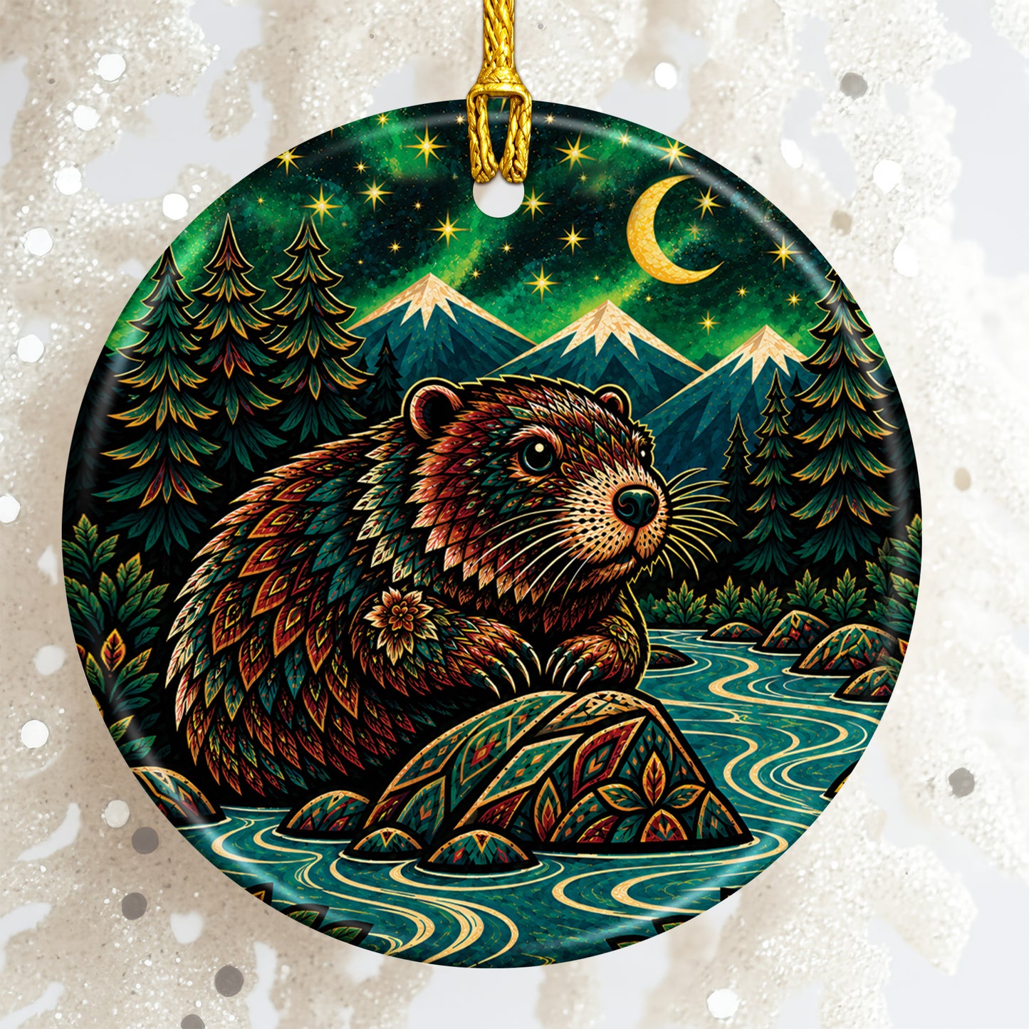 Native Inspired Beaver Ceramic Ornament, Indigenous Style Wildlife Holiday Decor