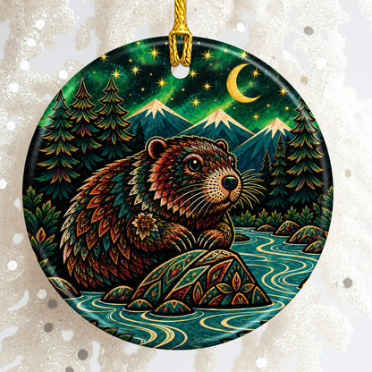 Native Inspired Beaver Ceramic Ornament, Indigenous Style Wildlife Holiday Decor