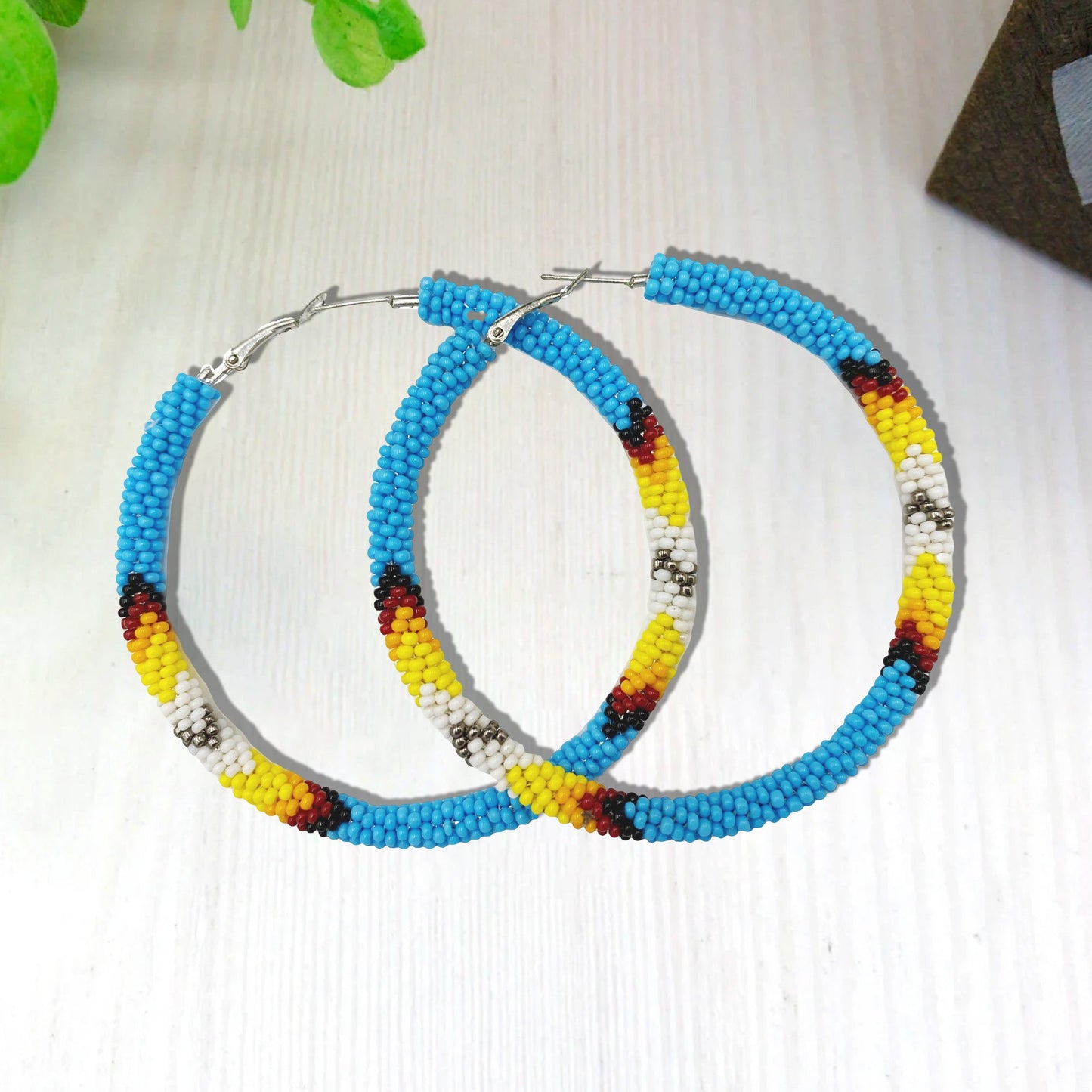 Handmade Cyan Blue 3-Inch Hoop Beaded Earrings for Women