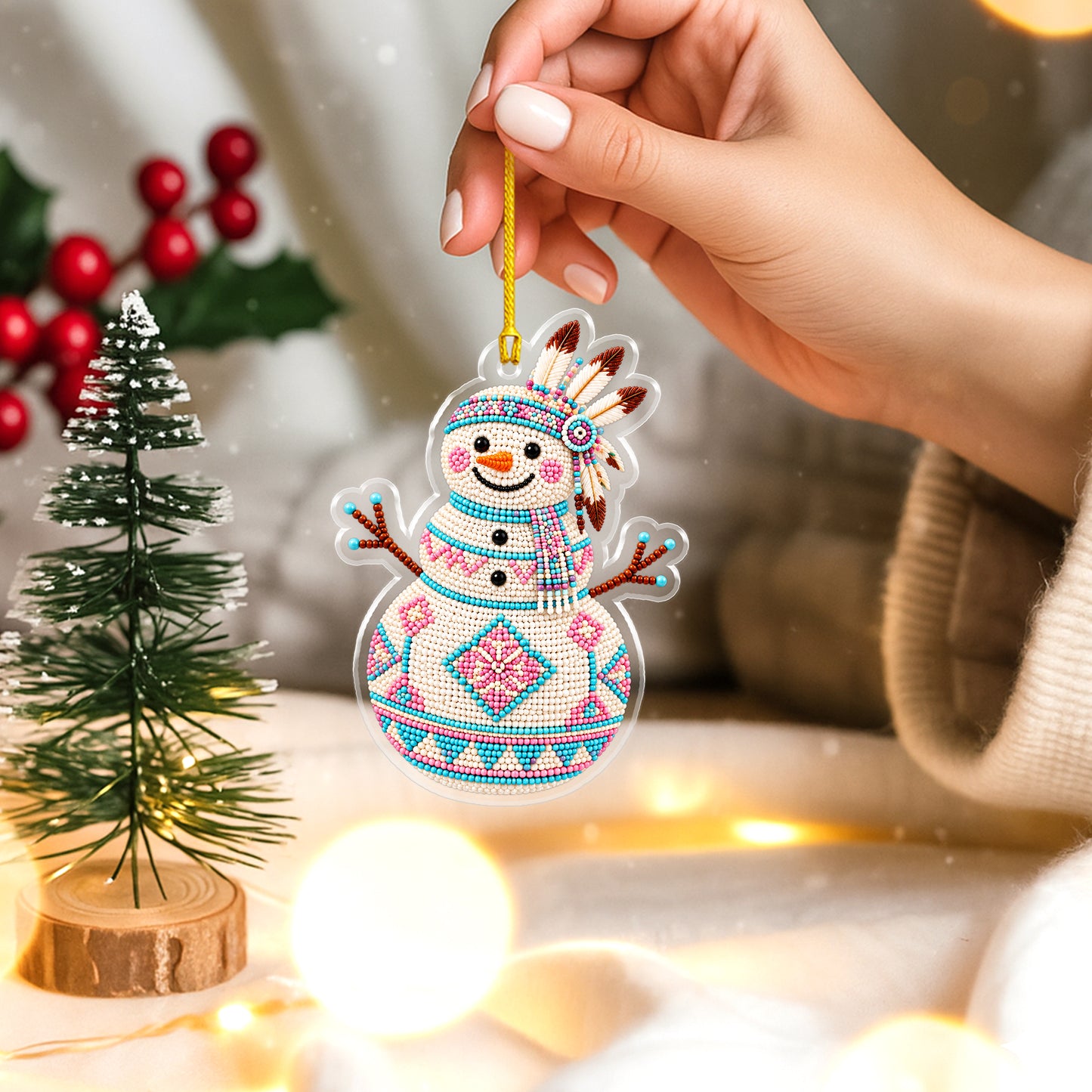 Native Snowman Christmas Acrylic Ornament, Beaded Style Decor