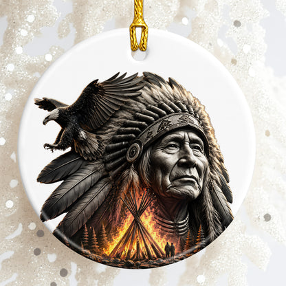 Native American Chief & Eagle Christmas Ornament – Indigenous Heritage Ceramic Hanging Decoration