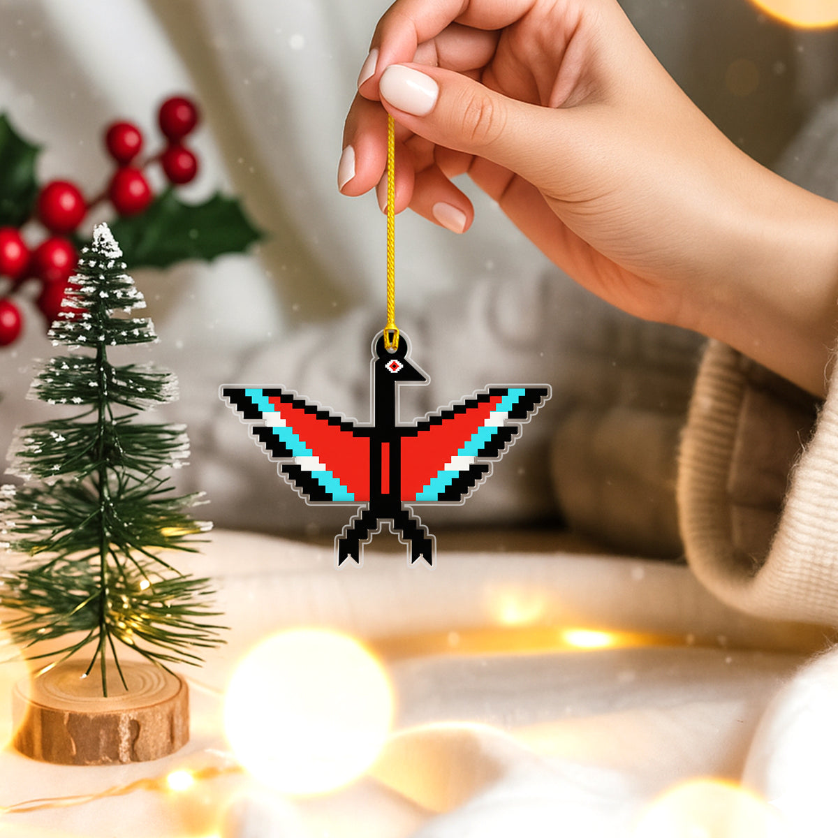Red Turquoise Native Thunderbird Acrylic Christmas Ornament