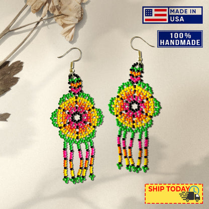 Ethnic Flower Green Beaded Chandelier Beaded Handmade Earrings For Women