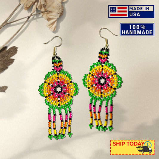 Ethnic Flower Green Beaded Chandelier Beaded Handmade Earrings For Women