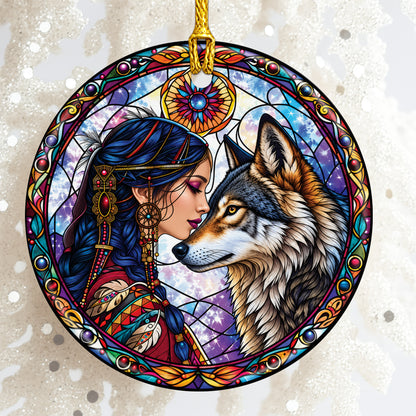 Wolf And Woman Stained Glass Ceramic Christmas Ornament Holiday Decor