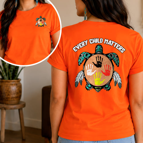 Every Child Matters Feather Hand Color On Turtle - Two sides - Unisex T-shirt/V-neck T-shirt/Hoodie/Sweatshirt