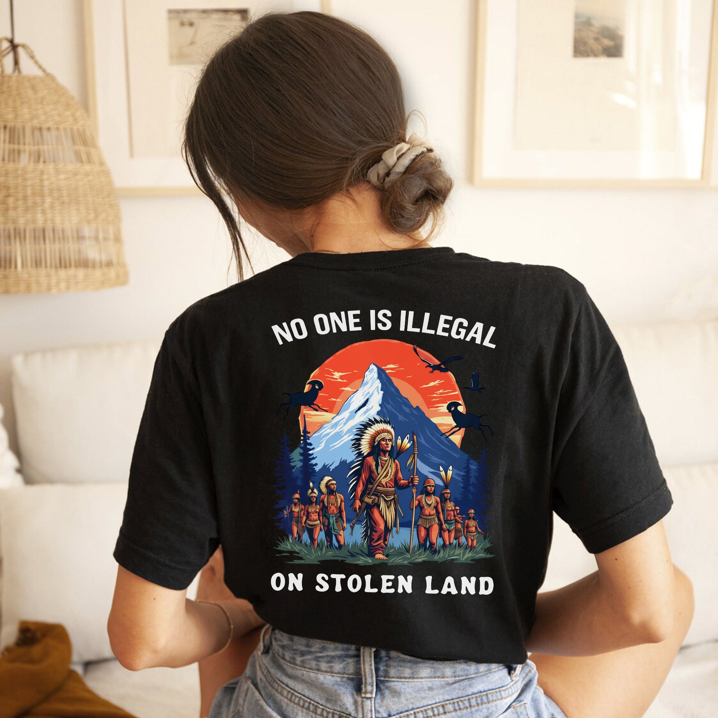 No One Is Illegal on Stolen Land Indigenous Graphic - Two sides - Unisex T-Shirt/T-Shirt V-Neck/Hoodie/Sweatshirt