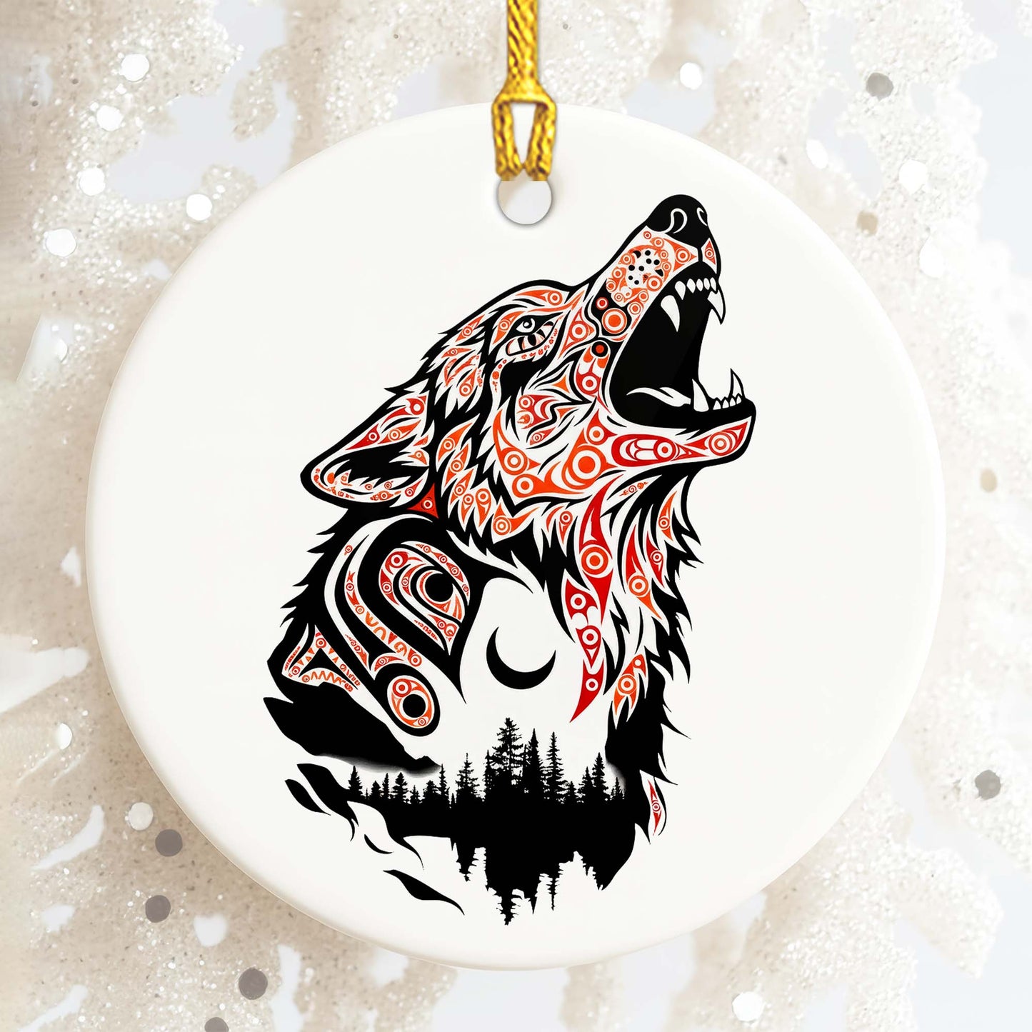 Native Wolf Ceramic Ornament - Indigenous Tribal Art for Holiday Decor
