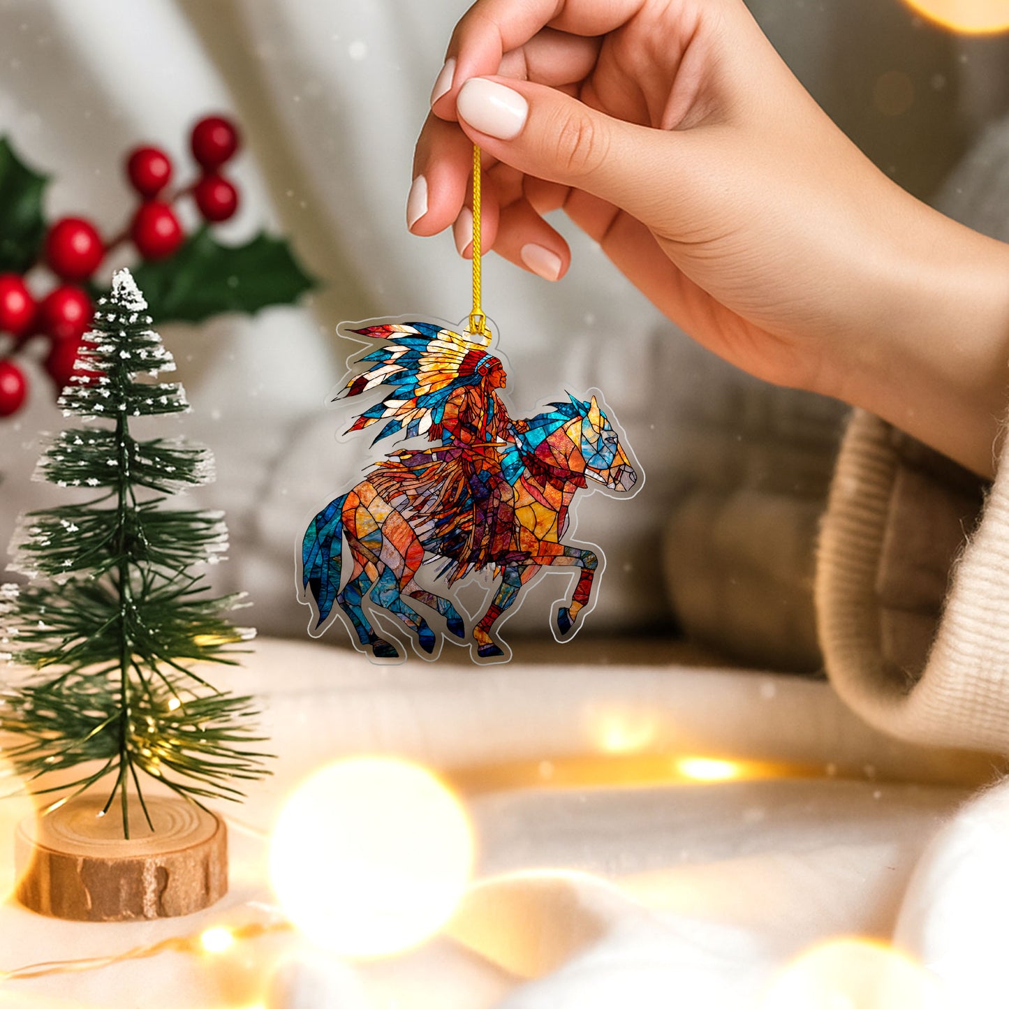 Native American Horse Rider Indigenous Warrior Christmas Tree Decor Flat Acrylic