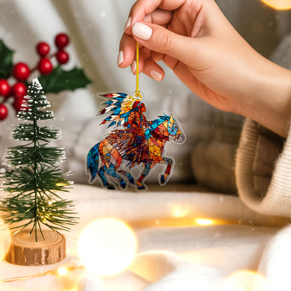 Native American Horse Rider Indigenous Warrior Christmas Tree Decor Flat Acrylic