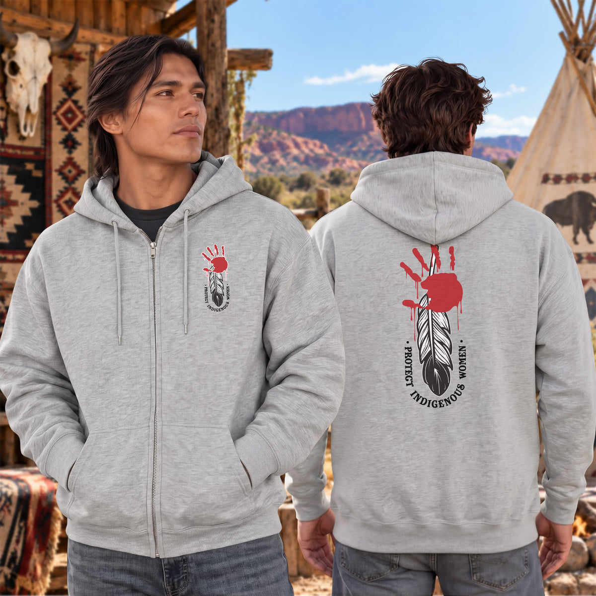 Protect Indigenous Women Red Hand Feather - Two Sides Unisex Hoodie Zip