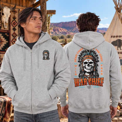 Native Inspired War Chief Skull Fear None Wild Free - Two Sides Unisex Hoodie Zip
