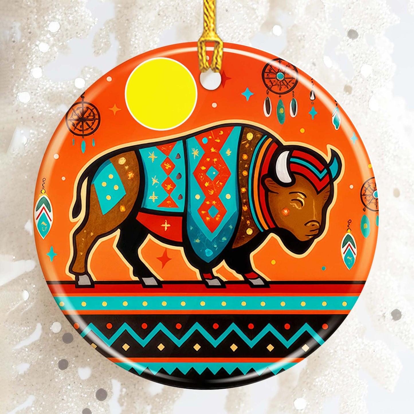 Tribal Bison Ceramic Ornament - Indigenous Inspired for Holiday Decor