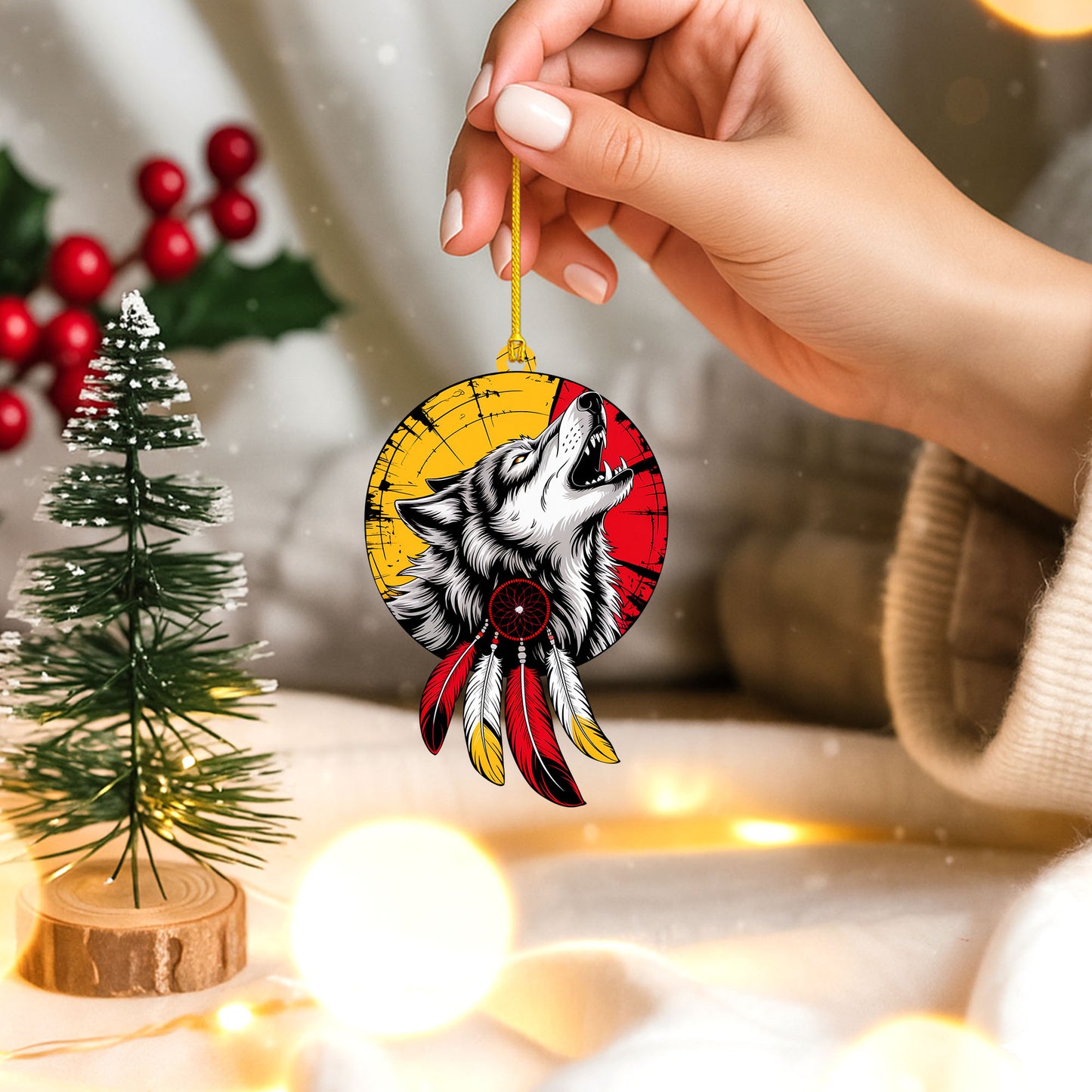 Howling Wolf with Dreamcatcher - Native American Christmas Gift Decor Flat Acrylic