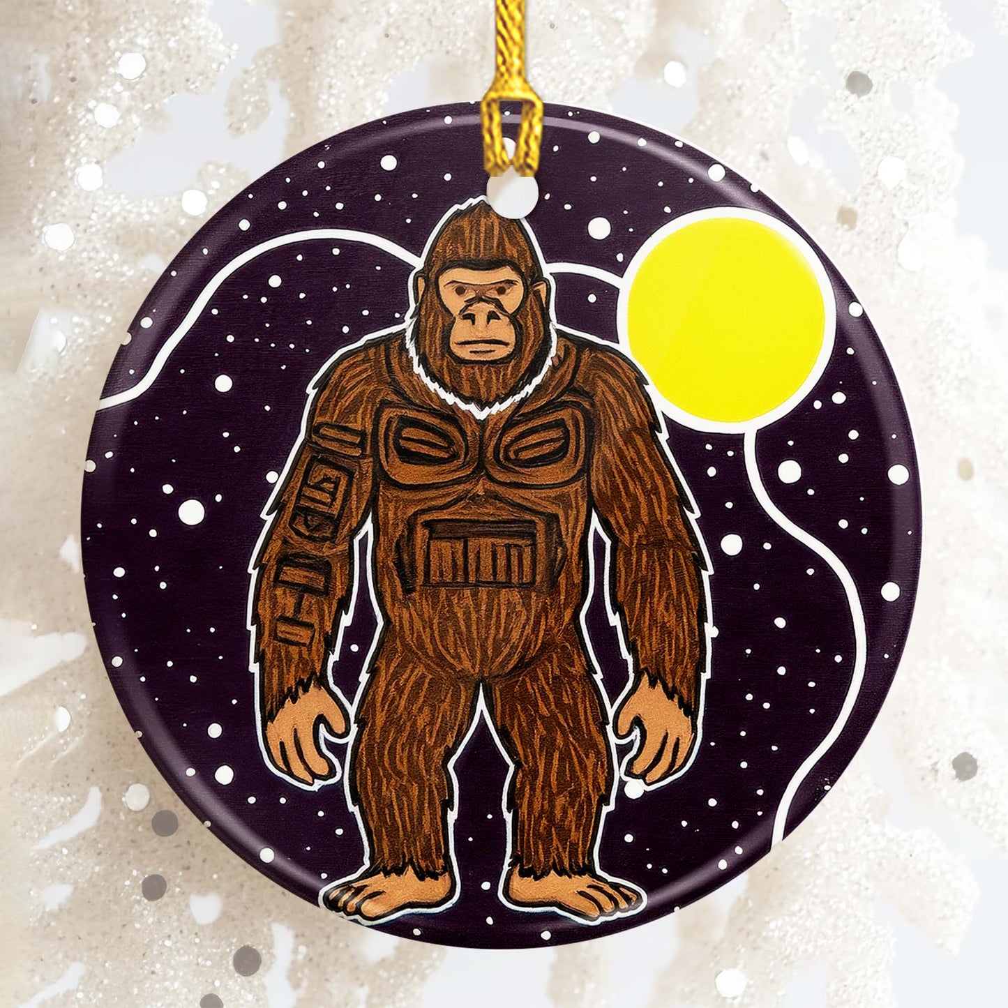 Tribal Bigfoot Ceramic Ornament - Indigenous Inspired for Holiday Decor