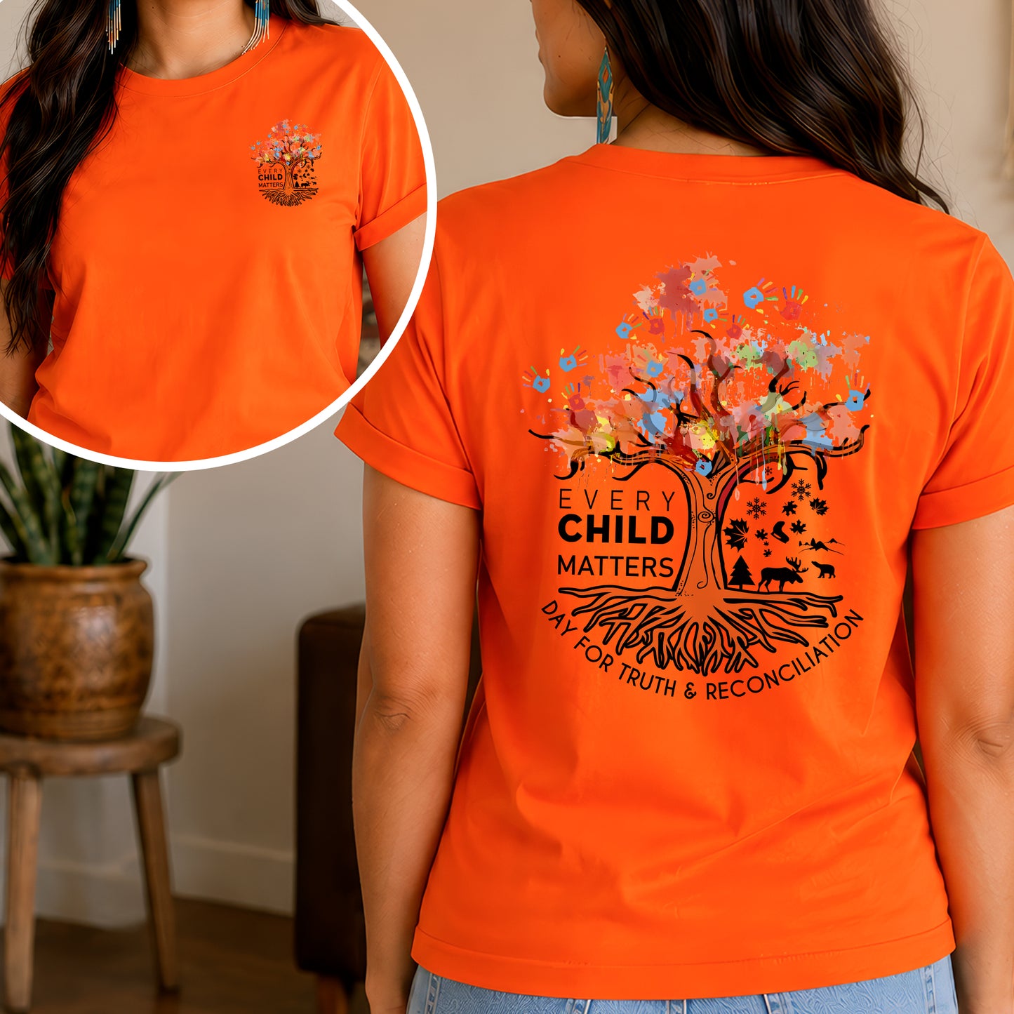 Every Child Matters Handprint Tree For Orange Shirt Day - Two sides - Unisex T-shirt/V-neck T-shirt/Hoodie/Sweatshirt
